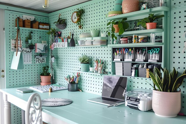 Photo home office desk with pegboard wall and green accents