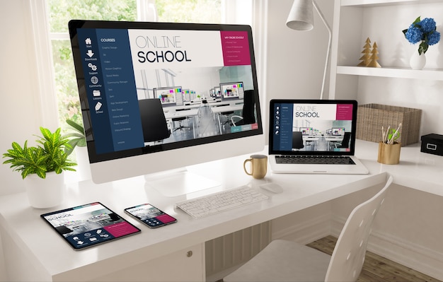 Home office desktop showing online school website 3d rendering