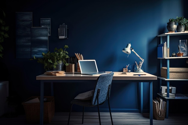 Home office featuring a laptop office supplies tools notes books and a wall painted a deep blue Homeschooling as an idea modern artistic workstation