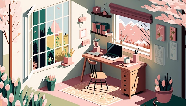 Home office illustration in spring season in paper cut style Generative AI