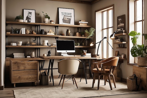 A home office inspired by a coffee shop atmosphere with rustic furniture