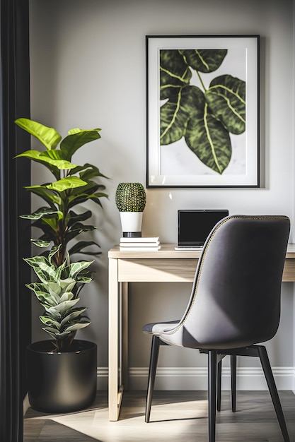 Photo home office interior concept design features a beautiful natural plant that creates a soothing