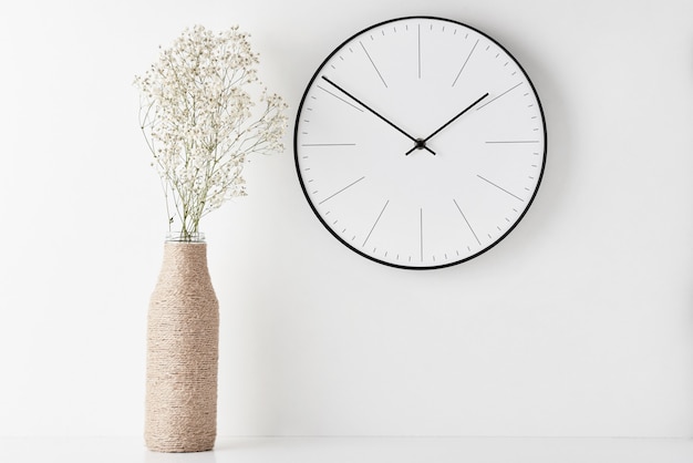 Home office minimal workspace desk with wall clock