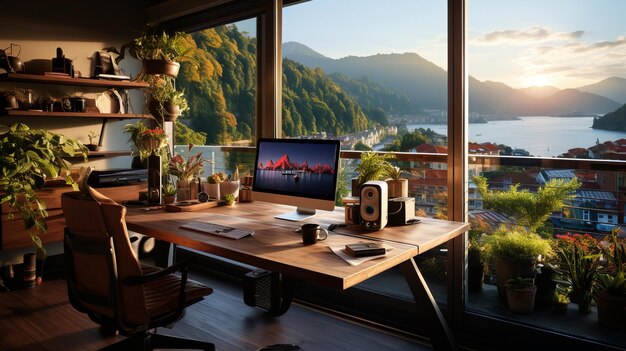 Photo a home office setup on a balcony with a beautiful mountain bay view