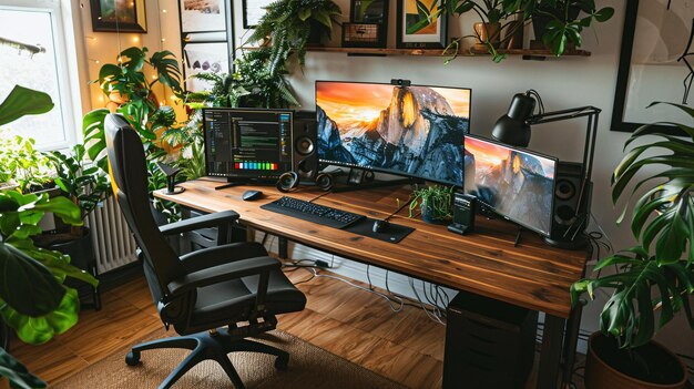 A home office setup for remote work with a large desk multiple screens ergonomic chair