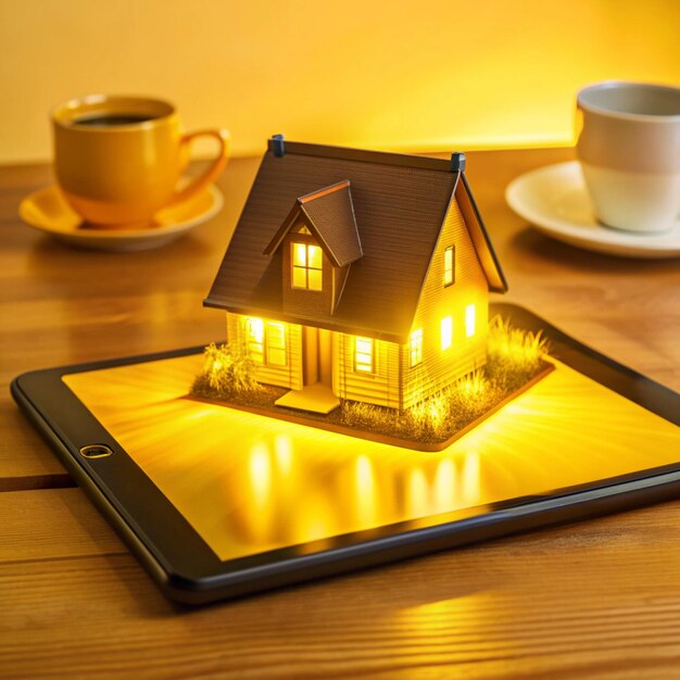 a home office tablet with a house on the screen and coffee mugs on the table