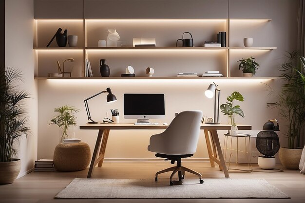 A home office with adjustable lighting to create different moods throughout the day