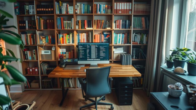 A home office with a clean desk setup ergonomic chair and builtin bookshelves filled with books