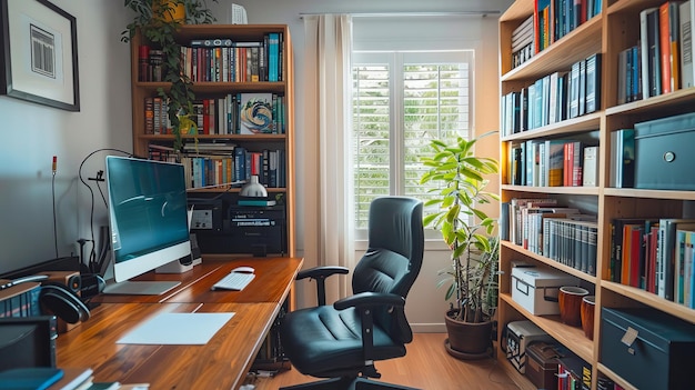 A home office with a clean desk setup ergonomic chair and builtin bookshelves filled with books