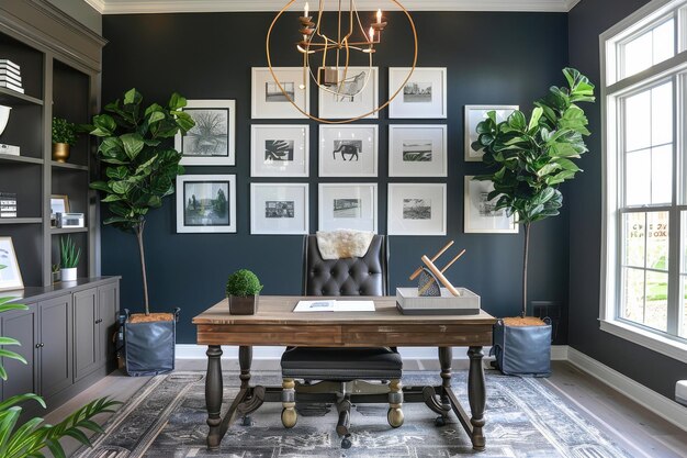 Photo home office with dark blue walls and large windows