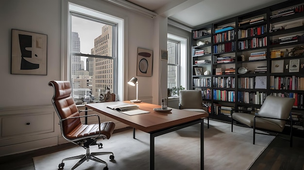 a home office with a desk and a computer on the desk