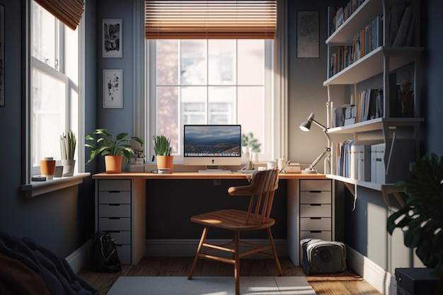 A home office with a desk and a computer on the wall.