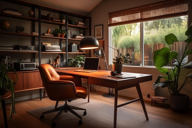 A home office with a desk and a lamp that says'home office'on it