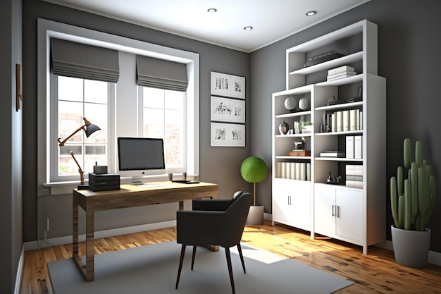 A home office with a desk and a lamp on the wall.