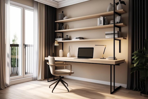 A home office with a desk and a lamp