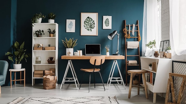 a home office with a desk and a plant on the wall