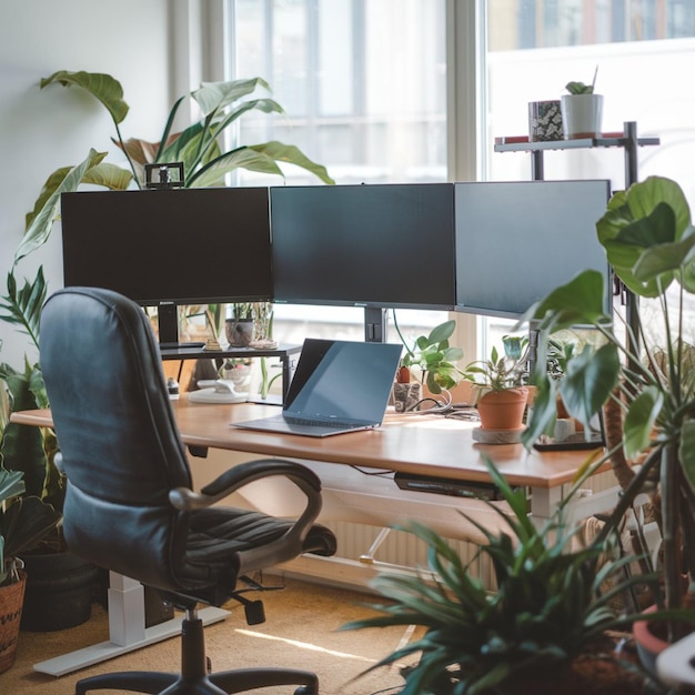 Photo a home office with dual monitors a laptop and ergonomic furniture