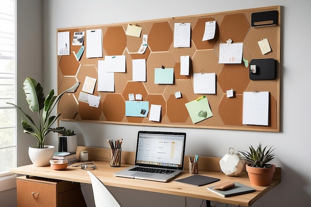 Photo a home office with a hexagonal corkboard for organizing tasks and ideas