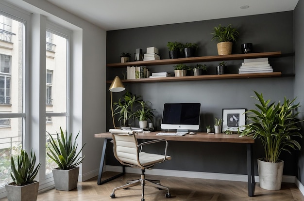 a home office with a laptop and plants on the desk