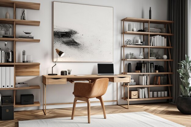 A home office with a large picture on the wall above it and a wooden chair.