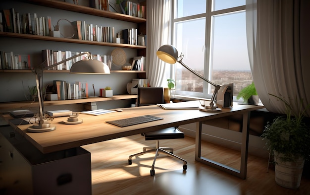 A home office with a large window and a desk with a lamp on it.