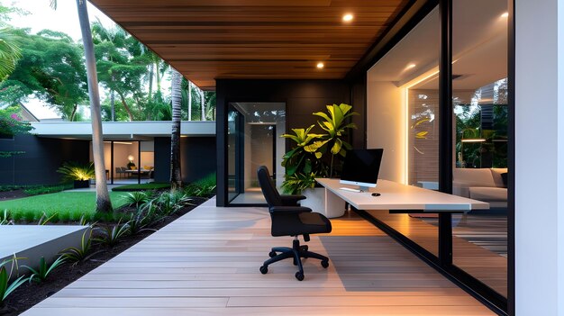 a home office with a large window and a laptop on the desk