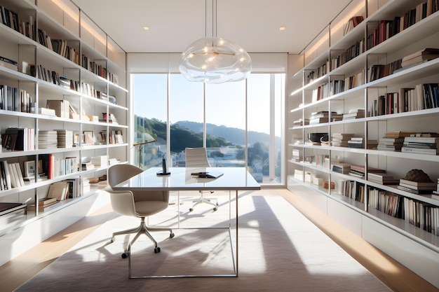 A home office with a large window that says'the word " on it.