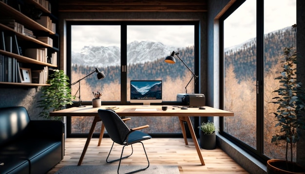 A home office with a mountain view