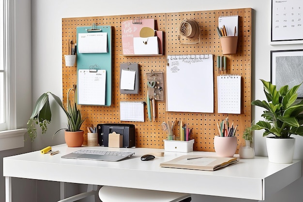 Photo a home office with a wallmounted pegboard for organizing stationery