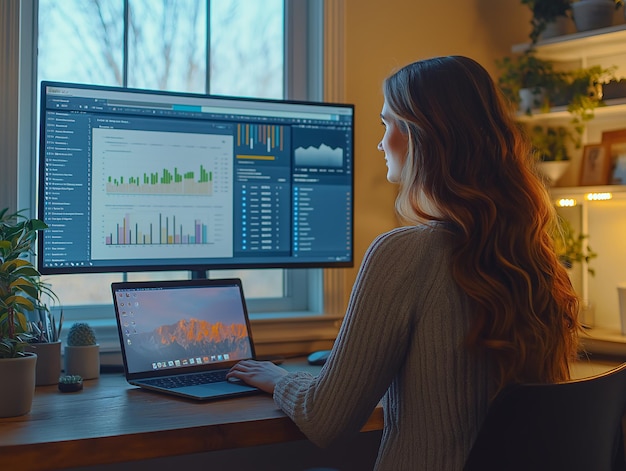 Home Office with a Woman Analyzing Business Data on Dual Screens