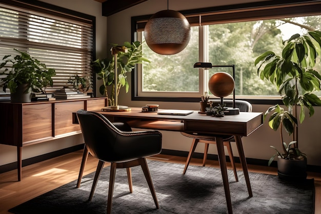 A home office with a wooden desk and a lamp.