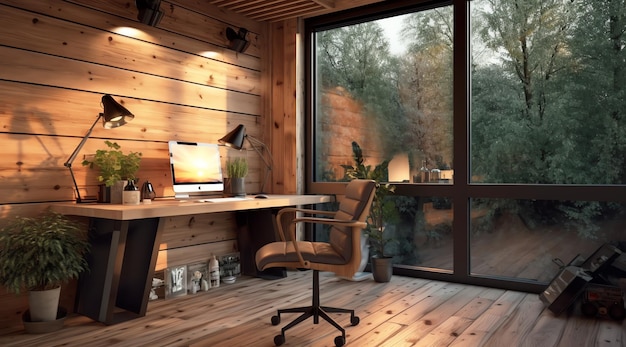 A home office with a wooden wall and a large window.