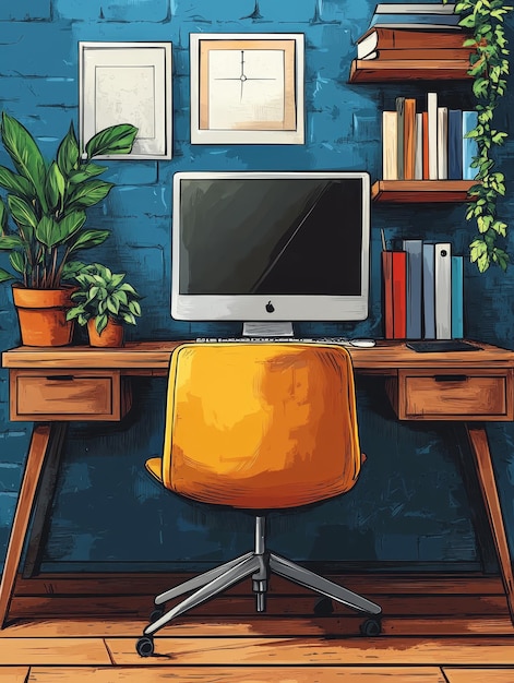 Home Office with a Yellow Chair and Blue Wall