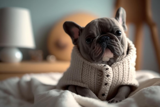 Home pet French Bulldog in clothes resting on the bed Generative AI