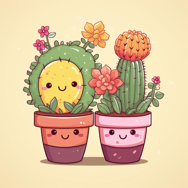 Photo home plants cactus in pots with flowers cartoon