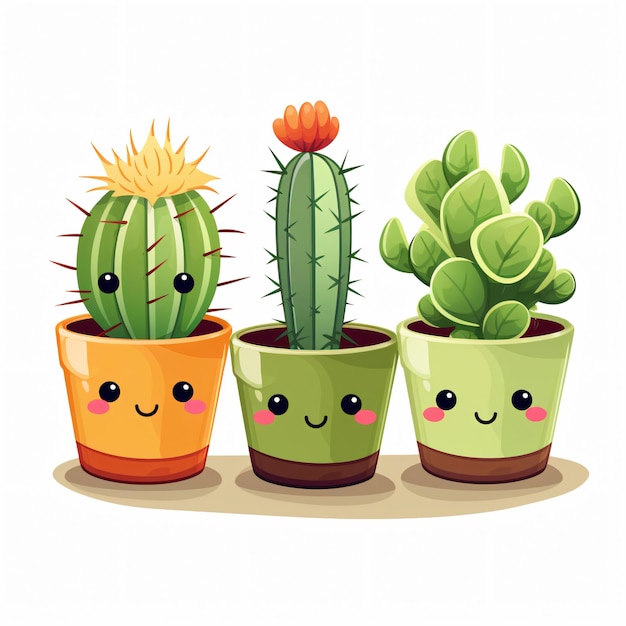 Photo home plants cactus in pots with flowers cartoon