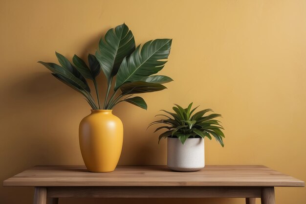 Home room interior style with brown and yellow background wooden table vase of plant