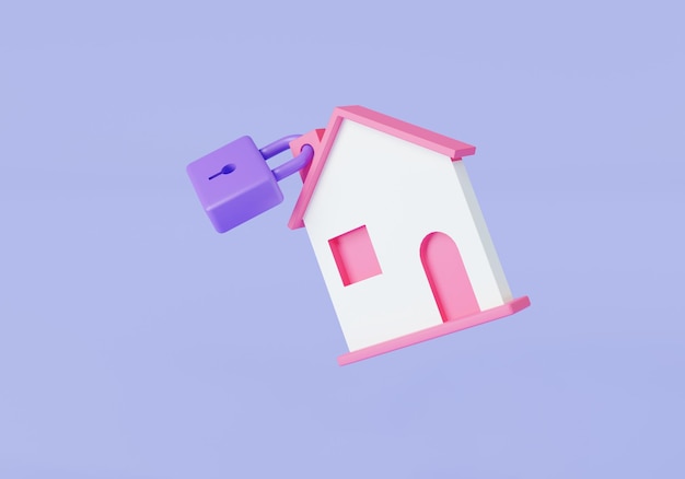 Home security concept Home protection house padlock home and house secure protection insurance real estate mortgage home safety system 3d minimal icon render illustration on purple background