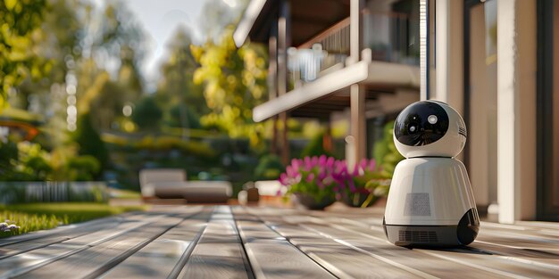 A home security robot monitors a modern houses porch for property safety Concept Home Security Robot Monitoring Porch Safety Modern House Property Protection