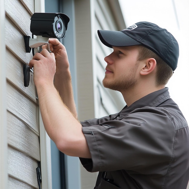 a home security technician setting up surveillance cameras and alarm systems2