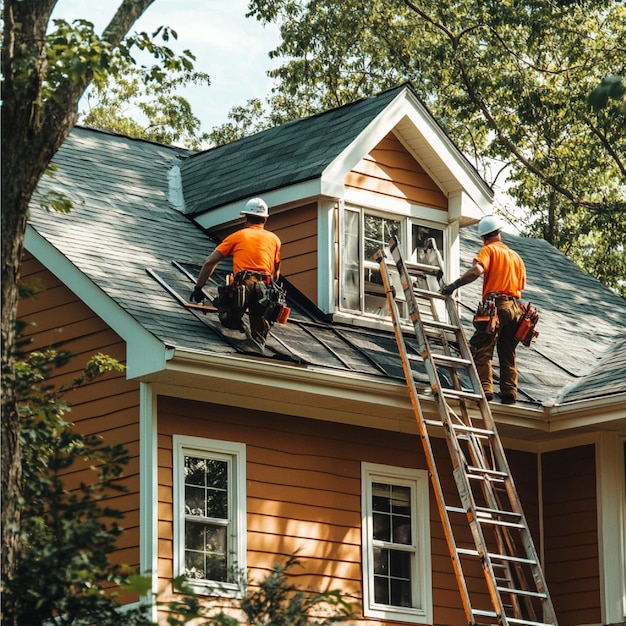 a home service team repairing or replacing roofing and siding on a house4