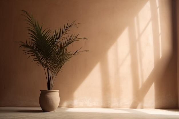 Home shadows vase sunlight concrete interior decor wall beige conceptual design Generative AI