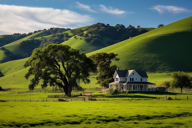 a home sits on a green hill overlooking a farm.