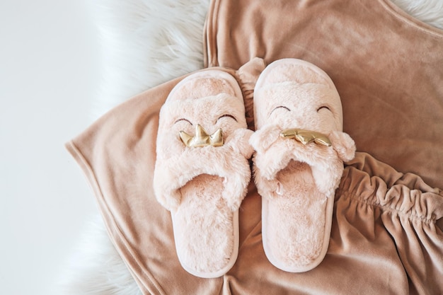 Home slippers and cozy pajamas on a fluffy white plaid