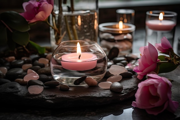 At Home Spa Treatment Rejuvenating Aromatherapy with Candles Stones and Flowers