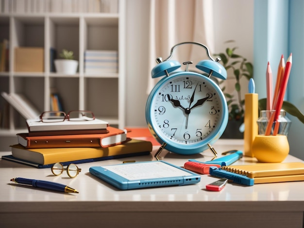 Home Study Setup School Supplies and Alarm Clock on Table