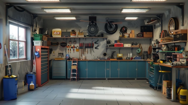 Home suburban car garage interior filled with various tools and equipment workbench