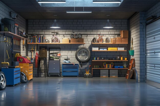 Photo home suburban car garage interior filled with various tools and equipment workbench