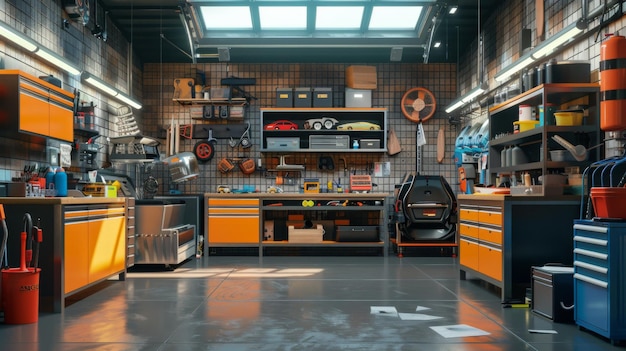 Home suburban car garage interior filled with various tools and equipment workbench