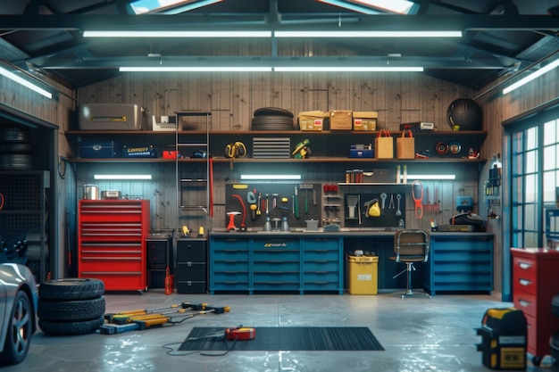 Photo home suburban car garage interior filled with various tools and equipment workbench